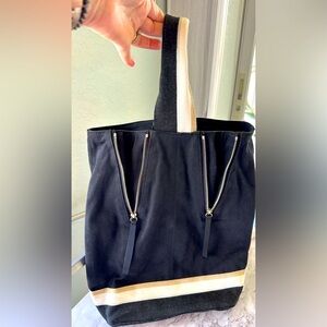 STATE Brand Medium Size Black Canvas Striped Slingback Bucket Tote Handbag